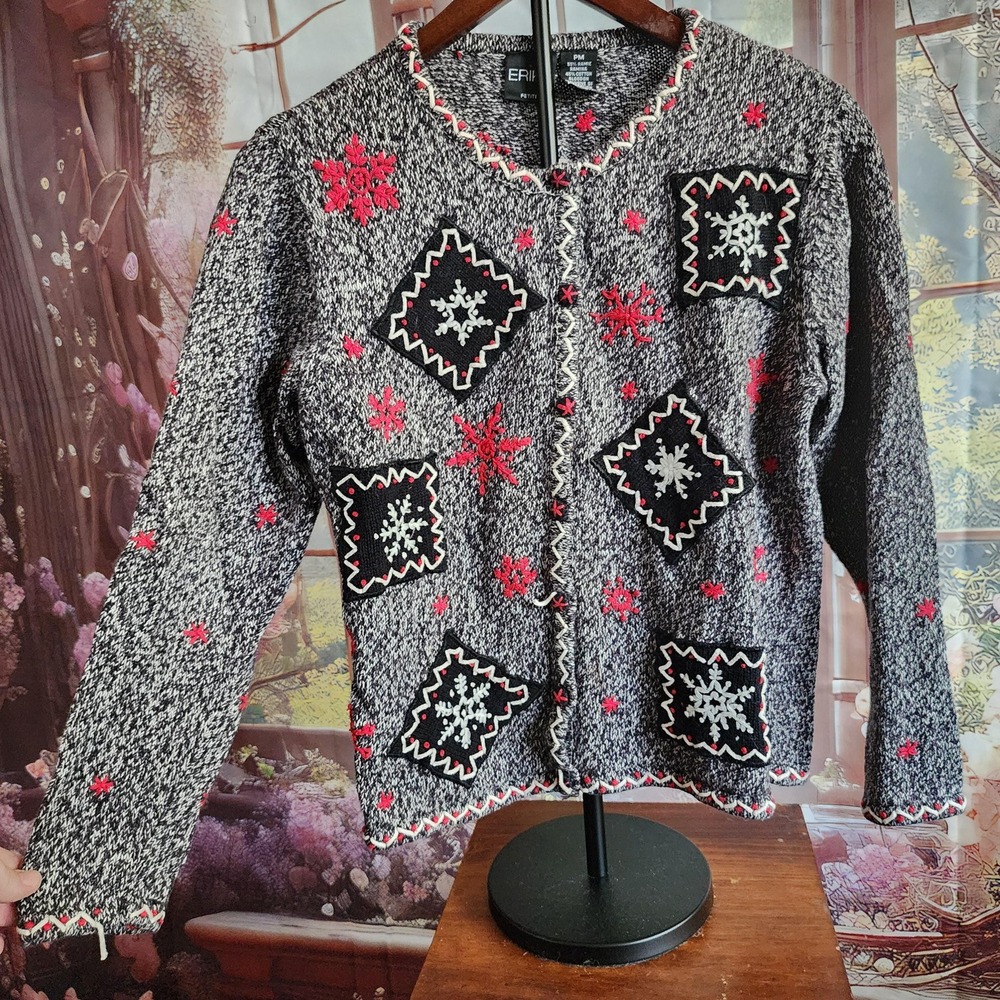 Erika Petite Vintage Snowflake Cardigan Sweater Gray Black Red Womens PM